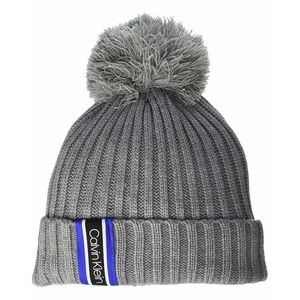 Calvin Klein women's Racer Stripe Ribbed Grey Pom Pom knit Beanie hat retail $40